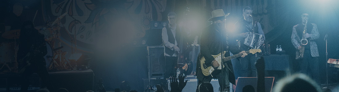 Visitor Information banner featuring a live band performing on stage with bright lights.